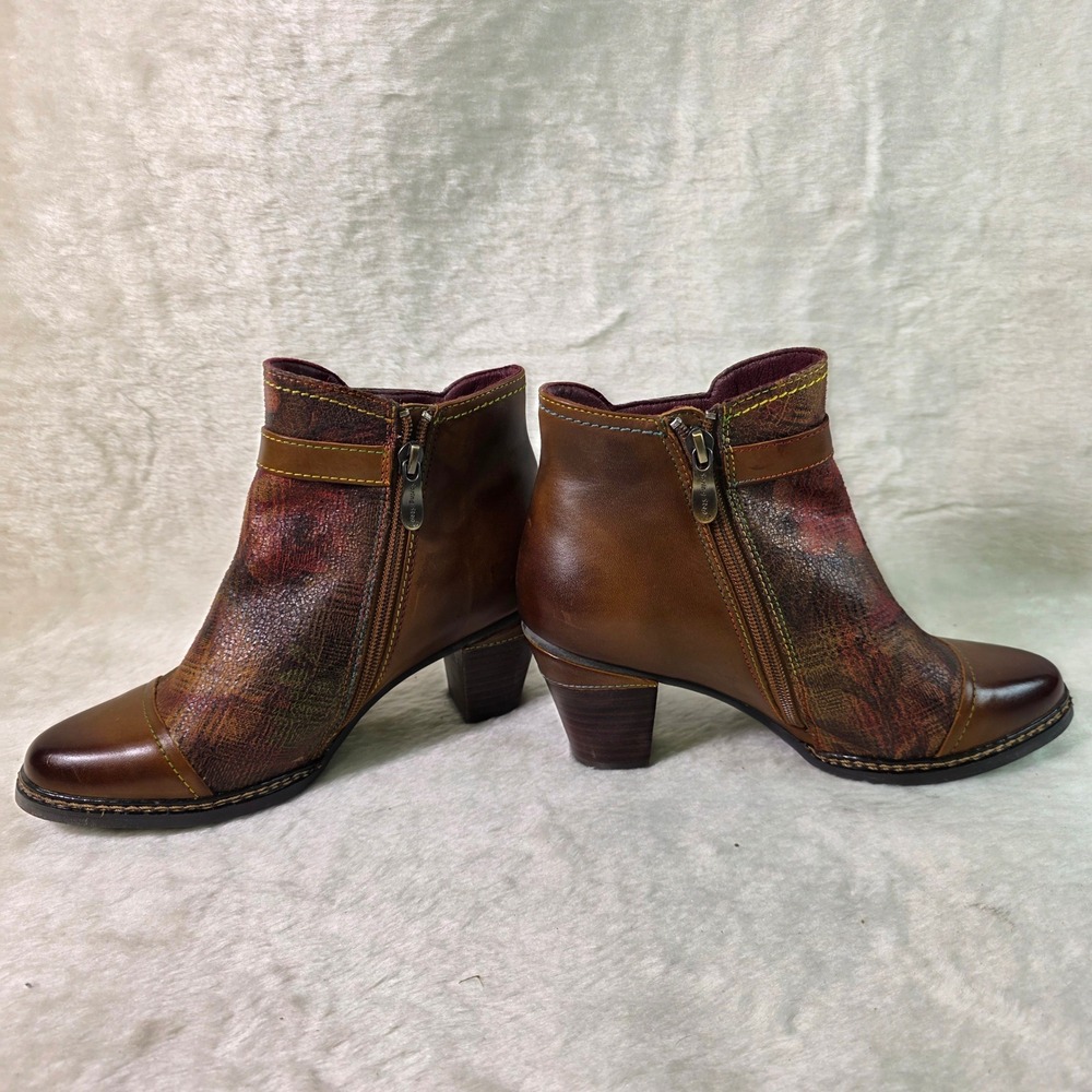 Spring Step L'Artiste Ankle Boots Brown Floral Leather Heels Womens 37 6 - Picture 3 of 8